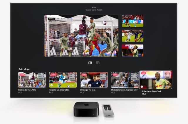 Apple marketing image showing an Apple TV screen with four Major League Soccer matches in multiview. Five additional stream options are at the bottom of the screenshot. Below that is an Apple TV device with Siri Remote.