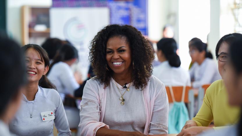 Former US First Lady Michelle Obama meets Vietnamese students in Can Giuoc district, Long An province on December 9, 2019. - Michelle Obama and Julia Roberts visit to promote girls' education in Vietnam. (Photo by Nhac NGUYEN / AFP) (Photo by NHAC NGUYEN/AFP via Getty Images)