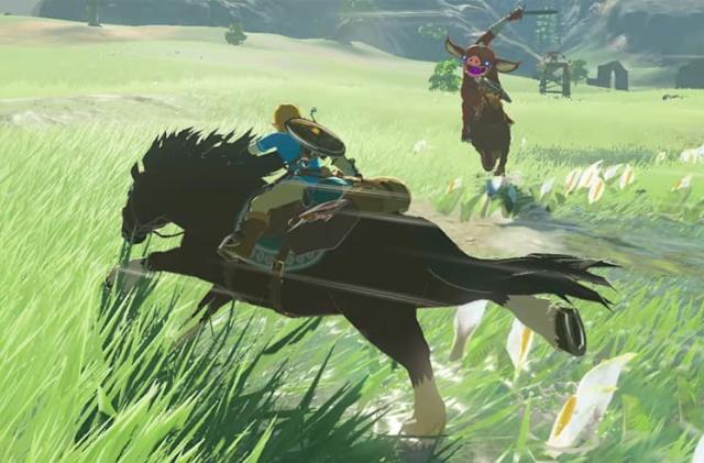 Link flees from an enemy on horseback in The Legend of Zelda: Breath of the Wild.