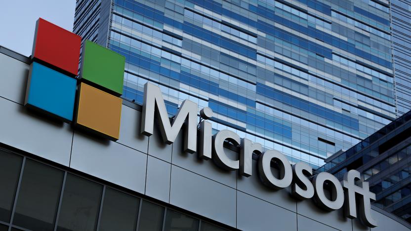 The Microsoft sign is shown on top of the Microsoft Theatre in Los Angeles, California, U.S. October 19,2018.  REUTERS/Mike Blake