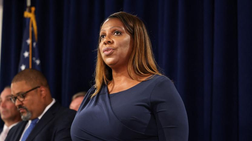New York State Attorney General Letitia James speaks at a news conference after former U.S. President Donald Trump's White House chief strategist Steve Bannon arrived to surrender, in New York, U.S., September 8, 2022. REUTERS/Caitlin Ochs