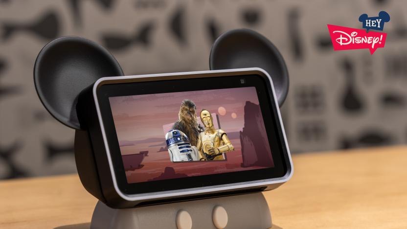 An Amazon Echo Show tablet showing 'Star Wars' characters. 
