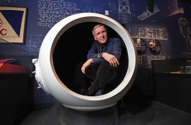 James Cameron inside a mockup of a submersible sphere.