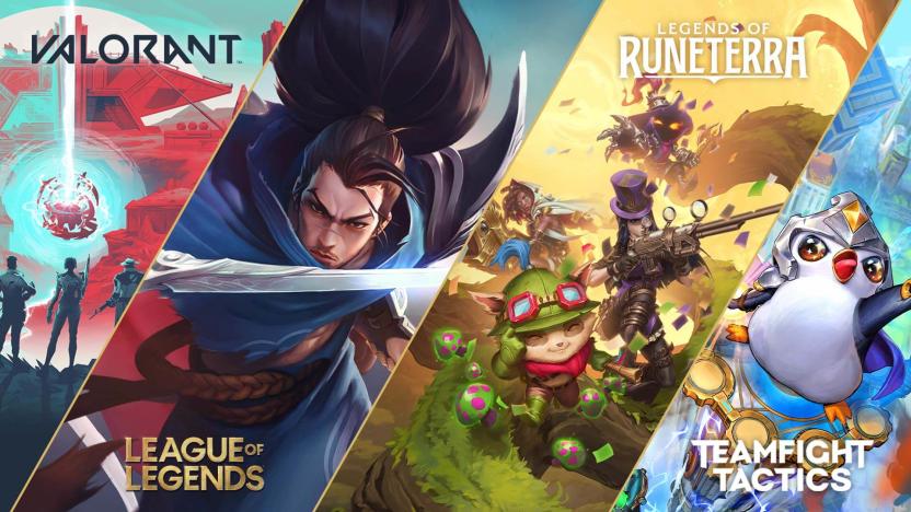 A graphic showing key art from Valorant, League of Legends, Legends of Runeterra and Teamfight Tactics.