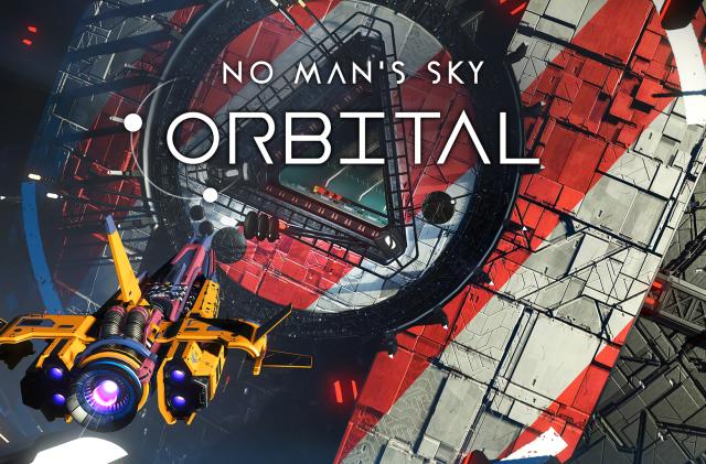 Title art for the No Man’s Sky: Orbital update. View from behind of a yellow ship approaching the entrance to a largely red and white space station.