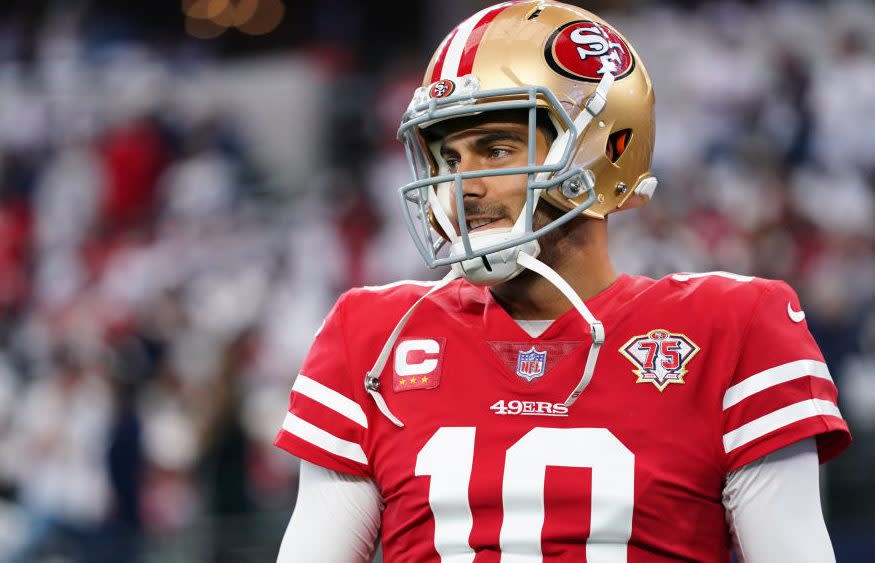 49ers quarterback Jimmy Garoppolo will be staying with the 49ers, after sla...