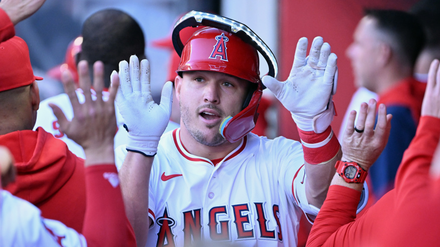 Getty Images - ANAHEIM, CA - APRIL 23: Los Angeles Angels center fielder Mike Trout (27) in the dugout after hitting a solo home run in the first inning of an MLB baseball game against the Baltimore Orioles played on April 23, 2024 at Angel Stadium in Anaheim, CA. (Photo by John Cordes/Icon Sportswire via Getty Images)