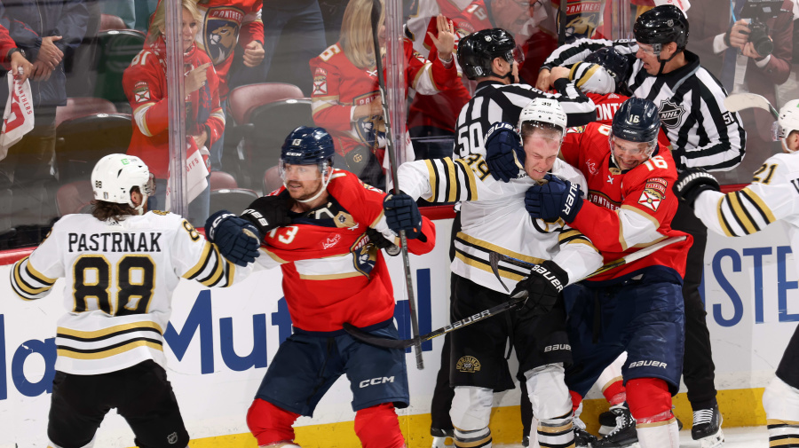 Getty Images - SUNRISE, FLORIDA - MAY 08: Boston Bruins players fight with Florida Panthers players during the third period in Game Two of the Second Round of the 2024 Stanley Cup Playoffs at Amerant Bank Arena on May 08, 2024 in Sunrise, Florida.  (Photo by Joel Auerbach/Getty Images)