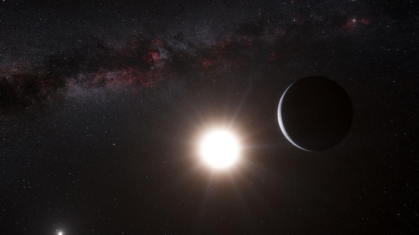 This artist's impression shows the planet orbiting the star Alpha Centauri B, a member of the triple star system that is the closest to Earth in this image released on October 17, 2012. Alpha Centauri B is the most brilliant object in the sky and the other dazzling object is Alpha Centauri A. Our own Sun is visible to the upper right. It is also the lightest exoplanet ever discovered around a star like the Sun. The planet was detected using the HARPS instrument on the 3.6-metre telescope at ESO?s La Silla Observatory in Chile.    REUTERS/ESO/L. Calcada/N. Risinger (skysurvey.org)/Handout   (SPACE - Tags: ENVIRONMENT SCIENCE TECHNOLOGY) FOR EDITORIAL USE ONLY. NOT FOR SALE FOR MARKETING OR ADVERTISING CAMPAIGNS. THIS IMAGE HAS BEEN SUPPLIED BY A THIRD PARTY. IT IS DISTRIBUTED, EXACTLY AS RECEIVED BY REUTERS, AS A SERVICE TO CLIENTS