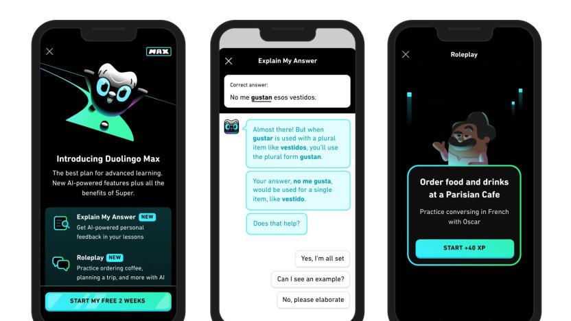 Three screenshots of Duolingo's new Max tier, which gives users the option to practice their language skills with a GPT-4 powered chatbot.