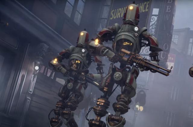 steampunk bipedal robots with rifles marching down a foggy street