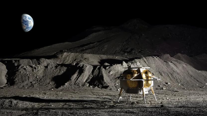 A rendering of Astrobotic's Peregrine lander on the surface of the moon, with Earth visible in the distance