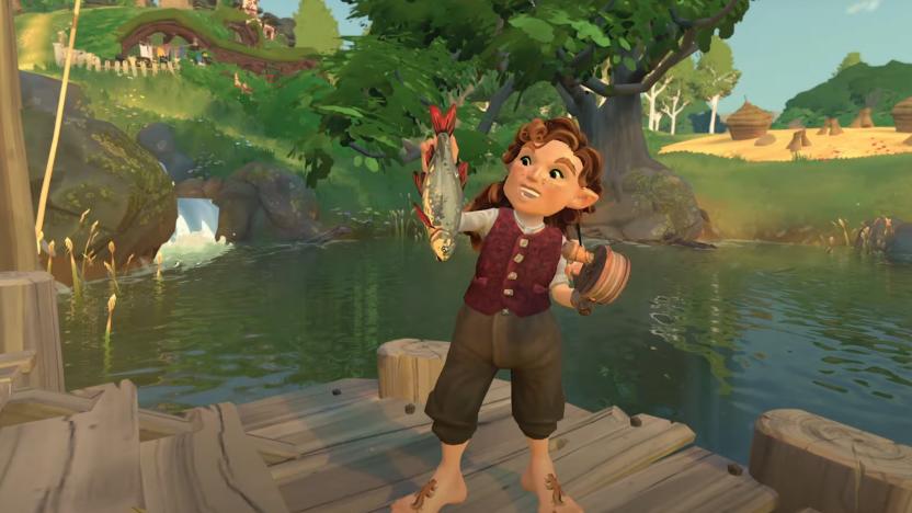 A Hobbit holds up a fish in Tales of the Shire.