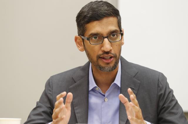 FILE- In this Oct. 3, 2019 file photo, Google CEO Sundar Pichai speaks during a visit to El Centro College in Dallas. Pichai has apologized for how a prominent artificial intelligence researcher's abrupt departure last week has “seeded doubts” in the company. Pichai told Google employees in a memo Wednesday, Dec. 9, 2020 obtained by Axios that the tech company is beginning a review of the circumstances leading up to Black computer scientist Timnit Gebru's exit and how Google could have “led a more respectful process.” (AP Photo/LM Otero, File)