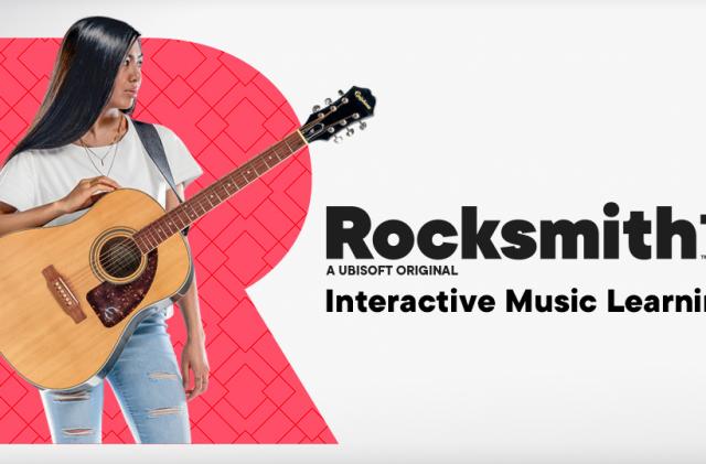 The Rocksmith+ interactive music learning promotional card by Ubisoft showing that text and a woman with a guitar.