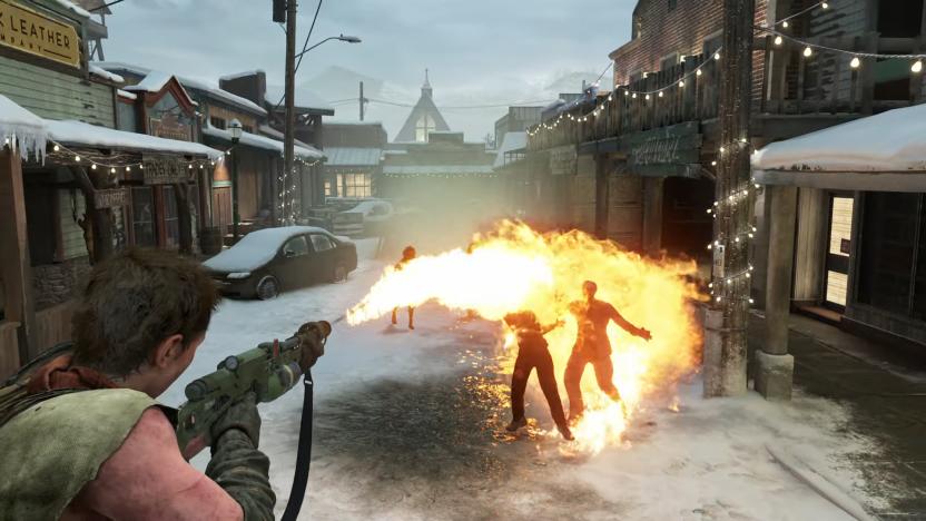 A person shown from behind uses a flamethrower to set several enemies ablaze on an ice-covered street. Screenshot is taken from The Last of Us Part 2 Remastered's No Return mode.