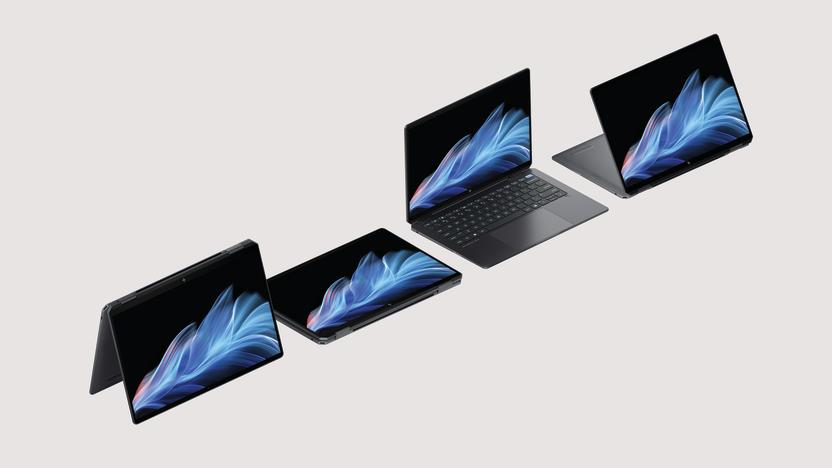 The HP 2-in-1 in four different physical configurations, including tent, tablet, laptop and viewing modes.