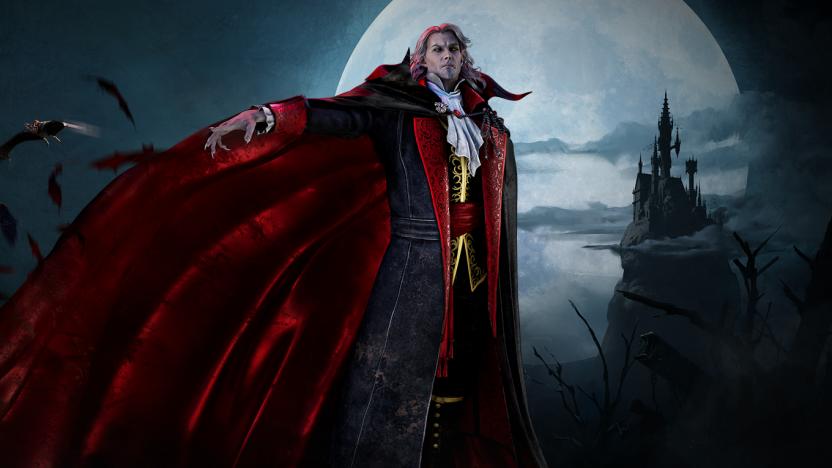 Dracula poses in front of his castle and a full moon