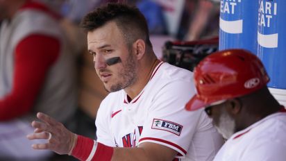 Associated Press - Los Angeles Angels designated hitter Mike Trout, left, speaks with third base coach Eric Young Sr. during the fifth inning of a baseball game against the Minnesota Twins, Sunday, April 28, 2024, in Anaheim, Calif. (AP Photo/Ryan Sun)