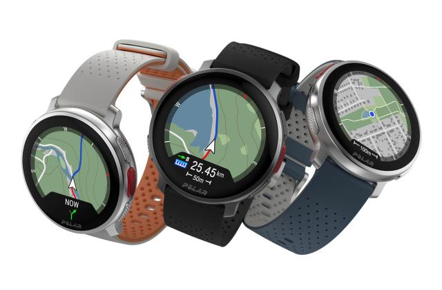 A trio of Polar V3 smartwatches are clustered together and shown against a white background in this press photo.