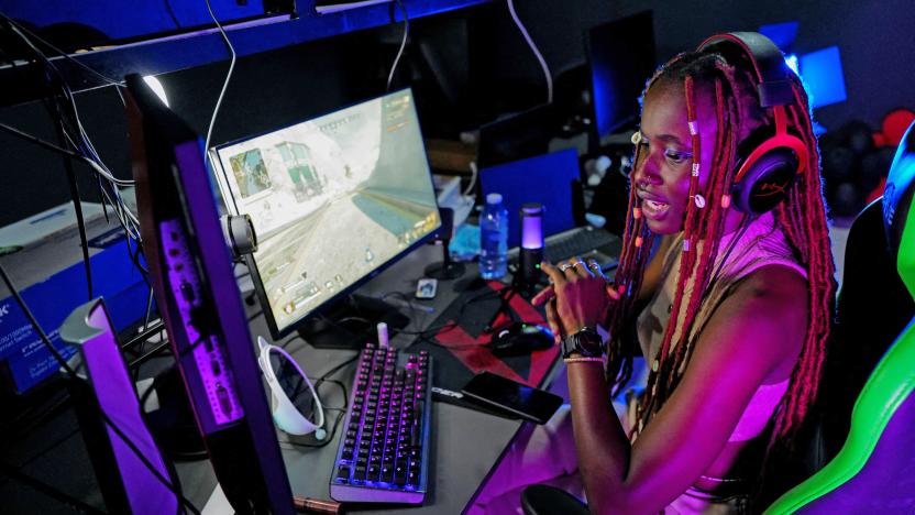 Ritalucia Ajuah Henry-Andoh, 22, aka Lady Legasus, a shoutcaster and streamer, commentates via a Twitch app channel during an online gaming tournament, in Accra, Ghana, August 21, 2022. 