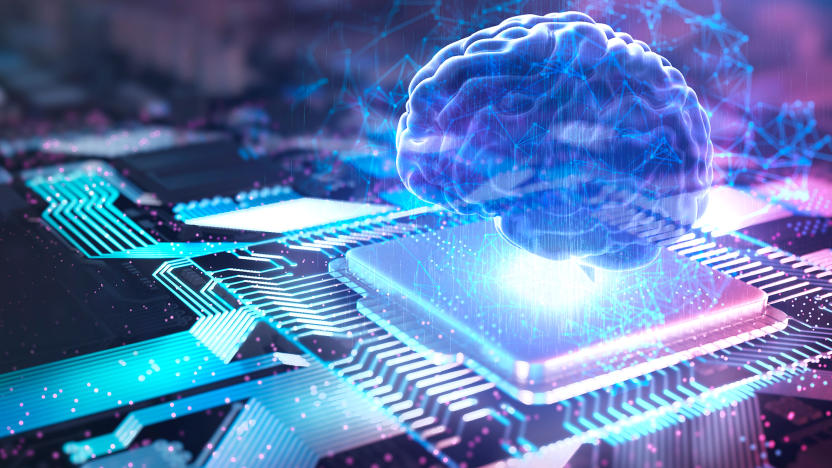 A computer rendering of a brain and a computer chip