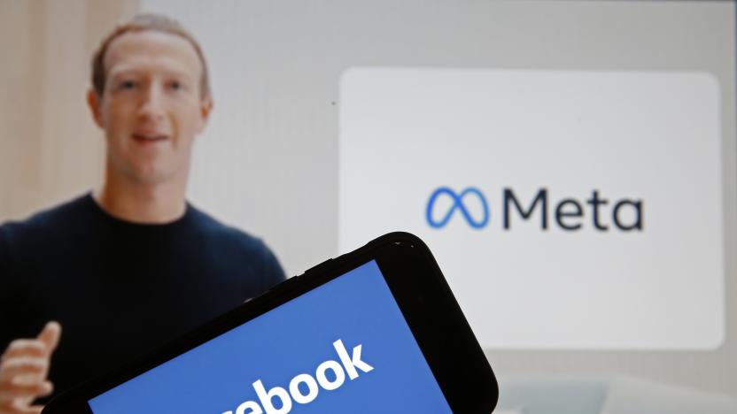 PARIS, FRANCE - OCTOBER 28: In this photo illustration, the Facebook logo is displayed on the screen of an iPhone 
in front of a Meta logo on October 28, 2021 in Paris, France. This October 28, during the Facebook Connect virtual conference, Mark Zuckerberg announced the name change of Facebook, believing that the term Facebook was too closely linked to that of the platform of the same name, launched in 2004. It is now official, the Facebook company changes its name and becomes Meta. (Photo illustration by Chesnot/Getty Images)