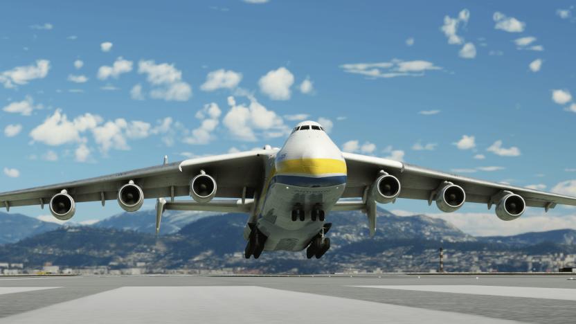 The Antonov An-225 Mriya plane takes off against a blue sky in Microsoft Flight Simulator.