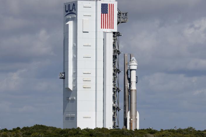 Boeing's Starliner capsule atop an Atlas V rocket is rolled out to the launch pad at Space Launch Complex 41, Saturday, May 4, 2024, in Cape Canaveral, Fla. NASA astronauts Butch Wilmore and Suni Williams will launch aboard to the International Space Station, scheduled for liftoff on May 6, 2024. (AP Photo/Terry Renna)