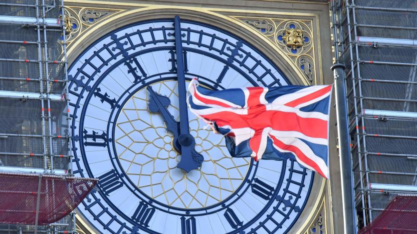 The clock face of Elizabeth Tower, known after the bell Big Ben, shows the hands at eleven o'clock as a Union Flag flies in front of it in London on January 28, 2020. - Britain will formally leave the European Union at 11pm GMT on January 31, 2020. (Photo by Justin TALLIS / AFP) (Photo by JUSTIN TALLIS/AFP via Getty Images)