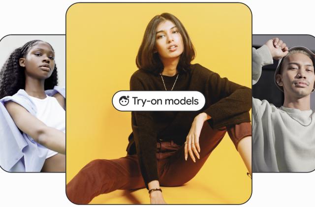 Three models in individual boxes with a button to try-on in front. 