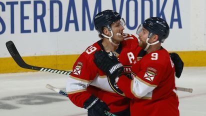 Getty Images - SUNRISE, FLORIDA - APRIL 21: Matthew Tkachuk #19 of the Florida Panthers celebrates his empty net goal with teammate Sam Bennett #9 against the Tampa Bay Lightning in Game One of the First Round of the 2024 Stanley Cup Playoffs at the Amerant Bank Arena on April 21, 2024 in Sunrise, Florida. (Photo by Eliot J. Schechter/NHLI via Getty Images)