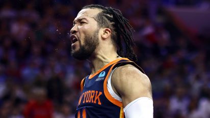 Getty Images - PHILADELPHIA, PENNSYLVANIA - APRIL 28: Jalen Brunson #11 of the New York Knicks reacts during the third quarter against the Philadelphia 76ers during game four of the Eastern Conference First Round Playoffs at the Wells Fargo Center on April 28, 2024 in Philadelphia, Pennsylvania. NOTE TO USER: User expressly acknowledges and agrees that, by downloading and/or using this Photograph, user is consenting to the terms and conditions of the Getty Images License Agreement. (Photo by Tim Nwachukwu/Getty Images)