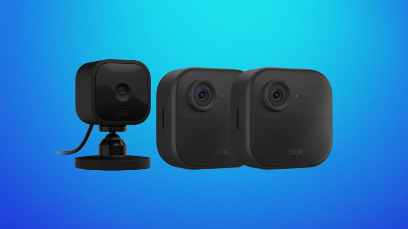 Product image of a Blink Mini camera next to two Blink Outdoor 4 cameras. Blue gradient background