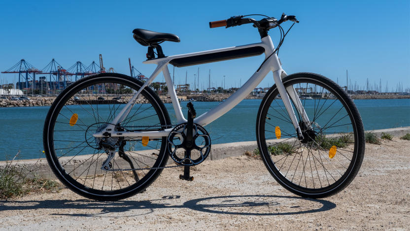 Urtopia's "Chord" e-bike is pictured on a harborside.