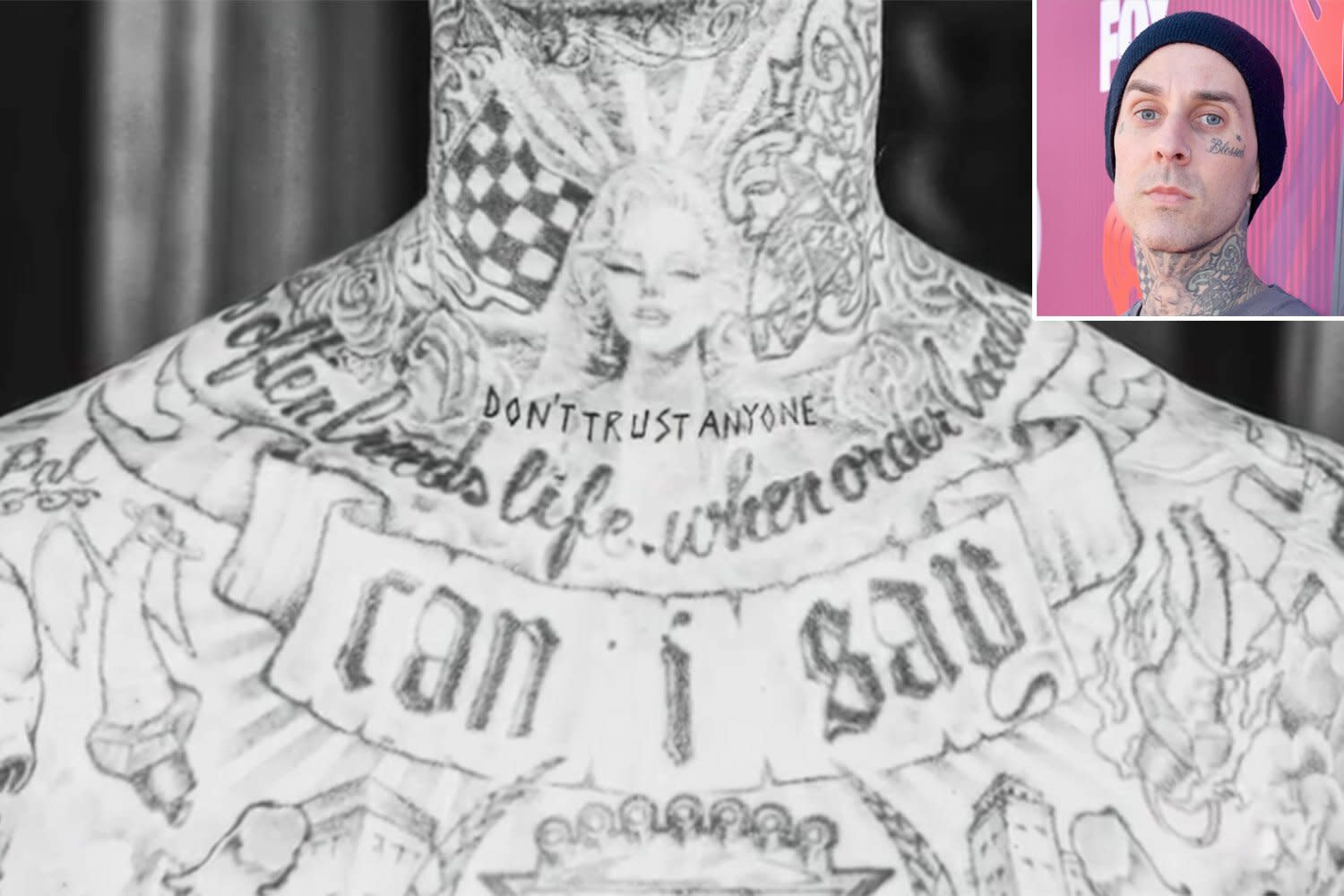 Travis Parker krijgt een nieuwe tatoeage “vertrouw niemand” in zijn nek