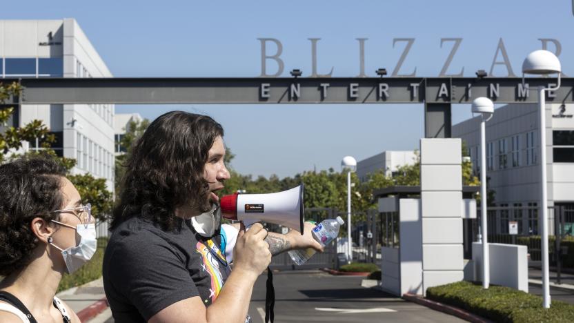 Irvine, CA - July 28: Several hundred Activision Blizzard employees stage a walkout which they say is in a response from company leadership to a lawsuit highlighting alleged harassment, inequality, and more within the company outside the gate at Activision Blizzard headquarters on Wednesday, July 28, 2021 in Irvine, CA. (Allen J. Schaben / Los Angeles Times via Getty Images)