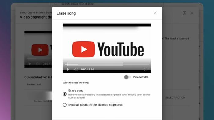 A screenshot of YouTube's erase song feature.