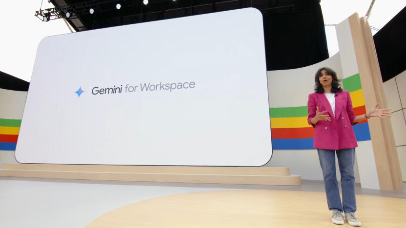 Google's Aparna Pappu onstage with a "Gemini for Workspace" slide behind her.