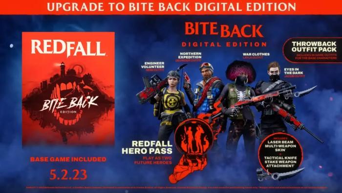 Promotional image of the Redfall Bite Back Edition. The game promo shows the cover art, four heroes and various text, including "Redfall Hero Pass: Play as two future heroes."