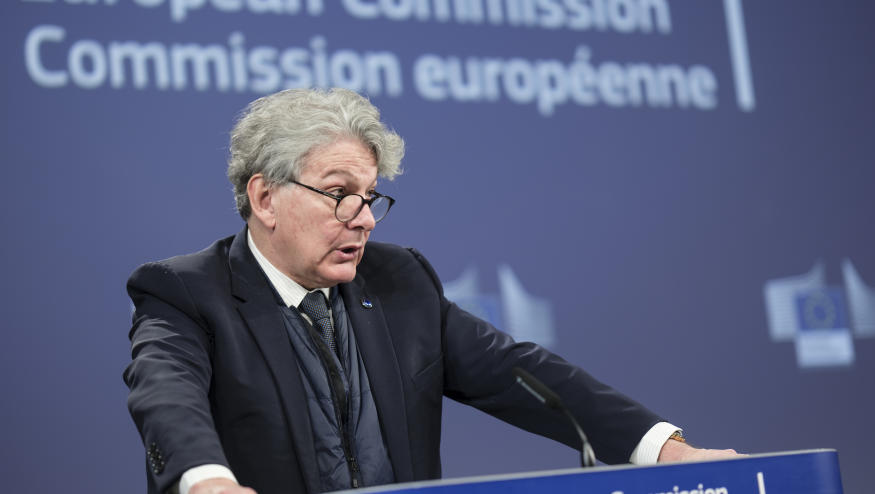 BRUSSELS, BELGIUM - APRIL 30: EU Commissioner for Internal Market Thierry Breton is talking to media in the Berlaymont, the EU Commission headquarter on April 30, 2024 in Brussels, Belgium. European Union Commission hosted the second EU-Japan Digital Partnership Council. (Photo by Thierry Monasse/Getty Images)