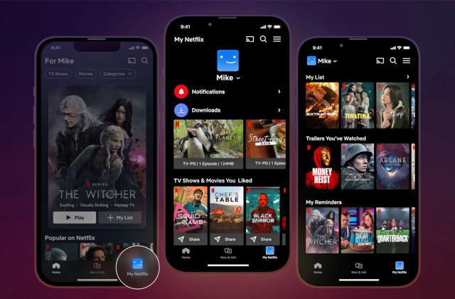 Three screen renders showing the updates to the My Netflix tab on iPhone.