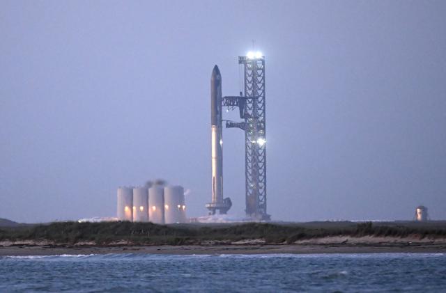 A view of the SpaceX Starship as it stands on the launch pad ahead of a flight test from Starbase in Boca Chica, Texas, early on April 17, 2023.