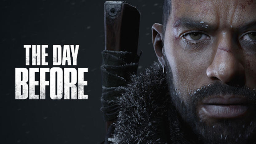 Marketing image for defunct zombie MMO The Day Before. Title text in white lettering on the left, a bearded man staring intensely at the camera on the right. 