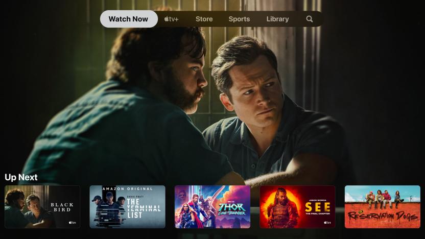 Screenshot from the Apple TV app for the Apple TV set-top box. A still from "Black Bird" is prominent with "Up Next" suggestions (including "The Terminal List," "Thor: Love and Thunder" and other recommendations) below.