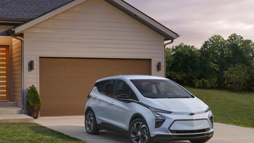 2023 Bolt EV front three-quarter backed-in on a residential driveway