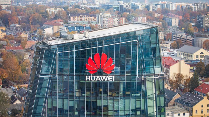 Vilnius, Lithuania - October 16, 2018: Huawei logo on a building in Vilnius. Huawei is a Chinese multinational networking and telecommunications equipment and services company.