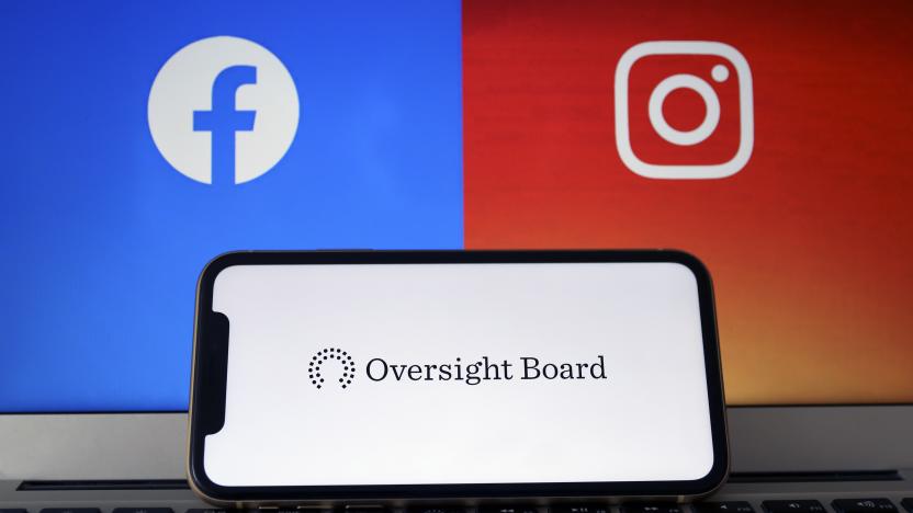 ANKARA, TURKEY - MAY 07: Oversight Board logo is seen on a smart phone with Facebook and Instagram logos at the background in Ankara, Turkey on May 07, 2020. (Photo by Hakan Nural/Anadolu Agency via Getty Images)