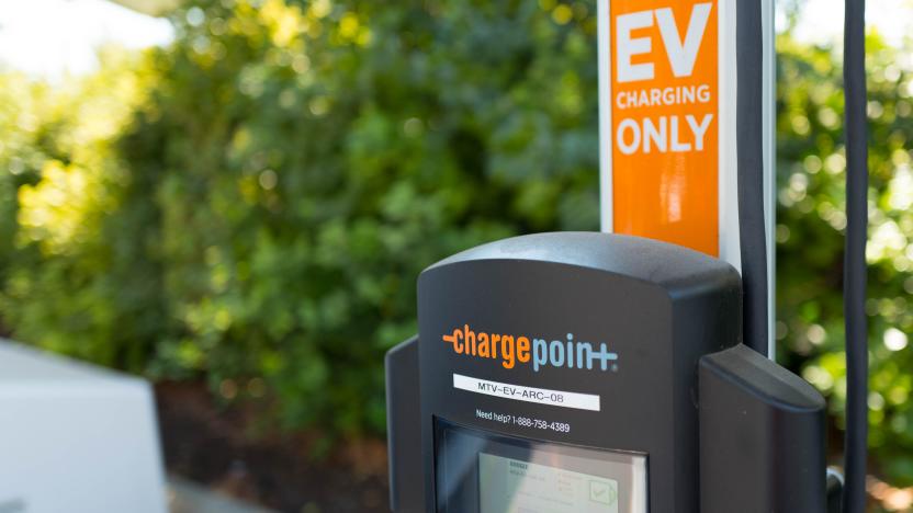 Closeup of Chargepoint electric vehicle charger at the Googleplex, headquarters of the search engine company Google in the Silicon Valley town of Mountain View, California, August 24, 2016. (Photo by Smith Collection/Gado/Getty Images).