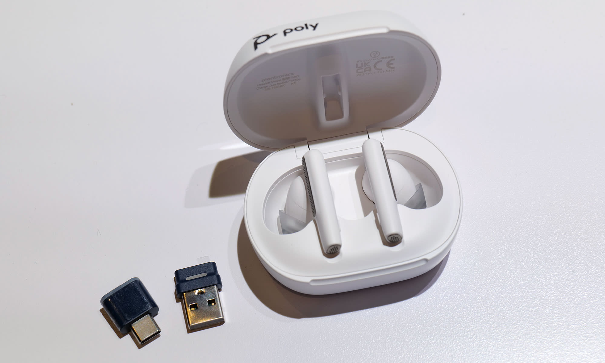 Thanks to a screen built into its charging case and an innovative broadcast mode, Poly's Voyager Free 60+ earbuds boast a couple unique features designed for workers on the go. 